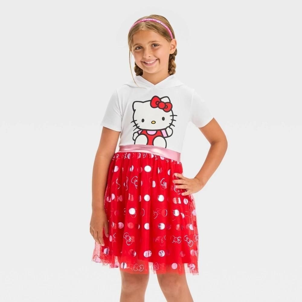 Hello Kitty Girls Hooded Cosplay Tutu Dress  Red White Short Sleeve Size M 8